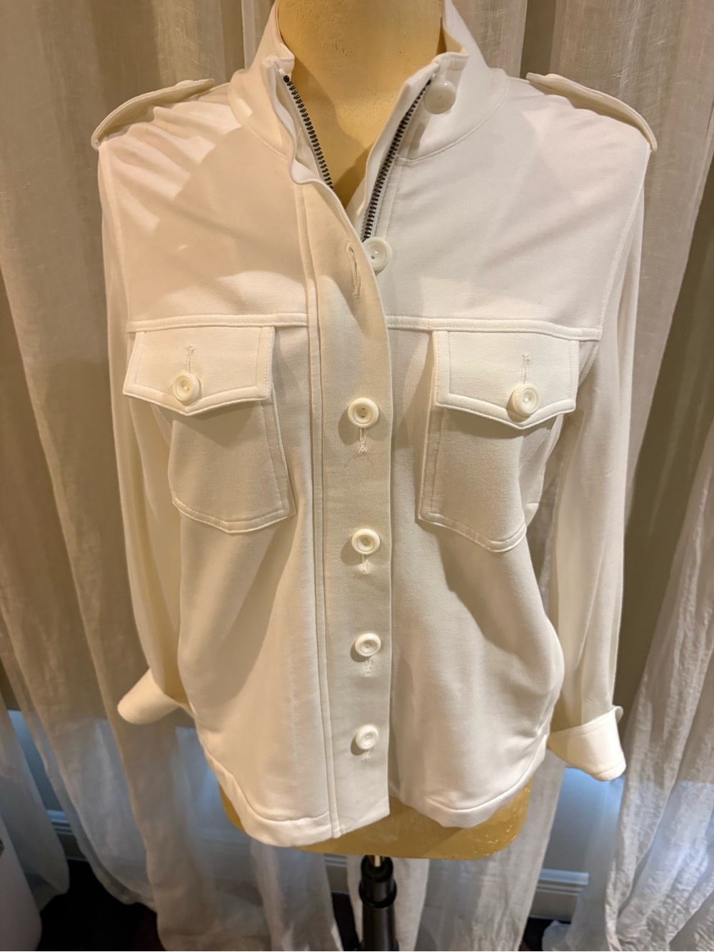 CAbi Cream Button-Front Utility Shirt with Patch Pockets